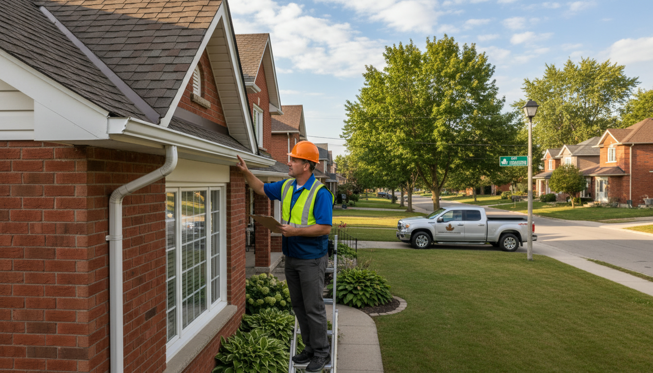 Home inspector examining roof and gutters of a suburban Georgetown, Ontario house with clipboard.