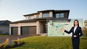 Georgetown home with digital map overlay showing commute route to downtown Toronto (GO Train and highway icons).