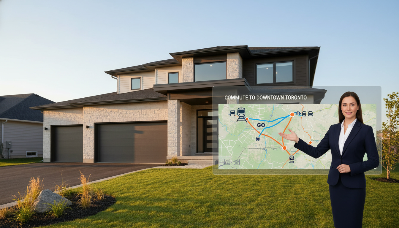 Georgetown home with digital map overlay showing commute route to downtown Toronto (GO Train and highway icons).