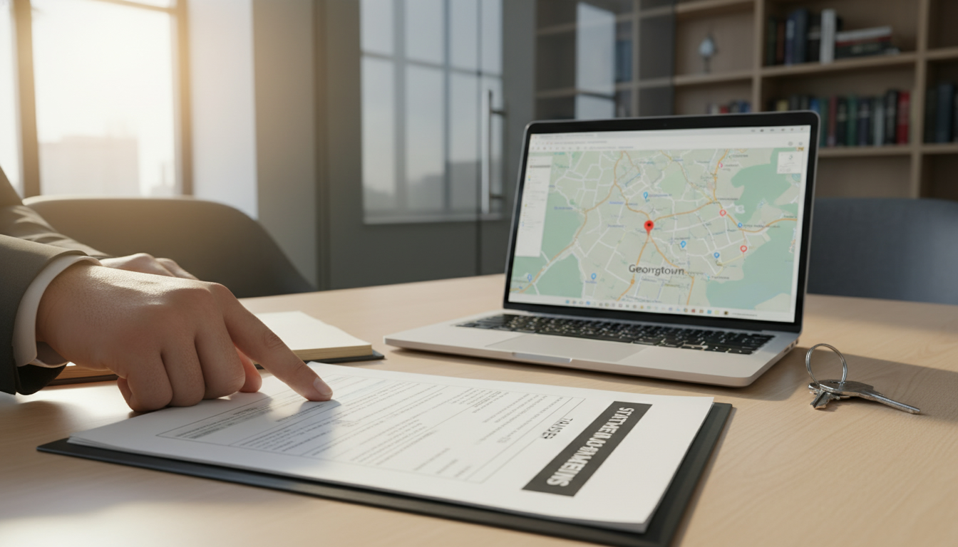 Lawyer reviewing closing documents with house keys and laptop showing Georgetown, Ontario map pin.