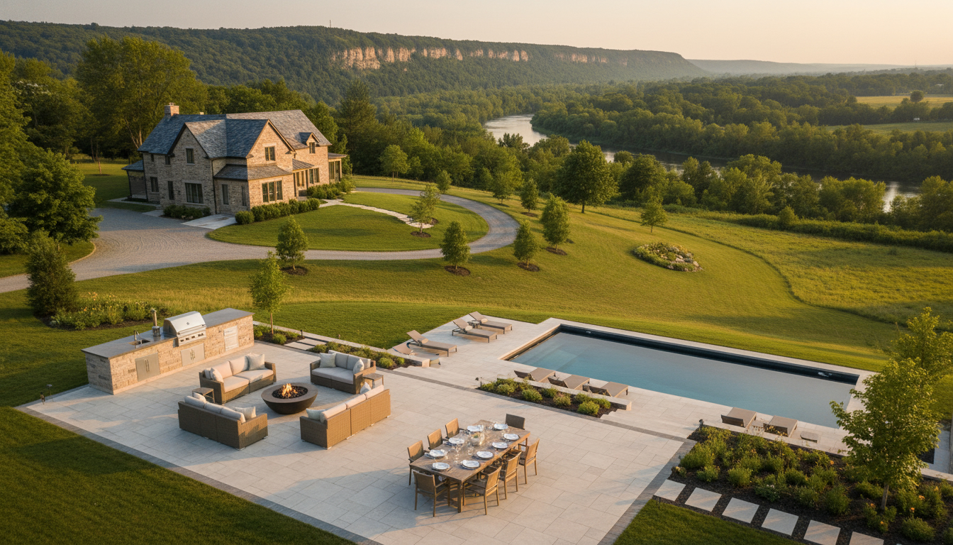 Aerial view of luxury rural property in Georgetown with patio, pool and mature trees at golden hour