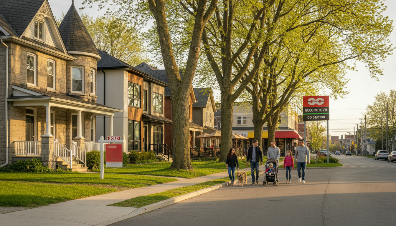 Georgetown Ontario neighbourhood with sold signs, GO station in background, families walking on tree-lined street.