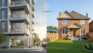 Split image showing a Georgetown condo with balcony and amenities on one side and a detached house with yard on the other, highlighting differences in lifestyle.