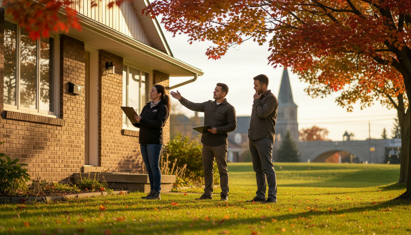 Home inspector and contractor discussing repair estimates outside a Georgetown, Ontario house