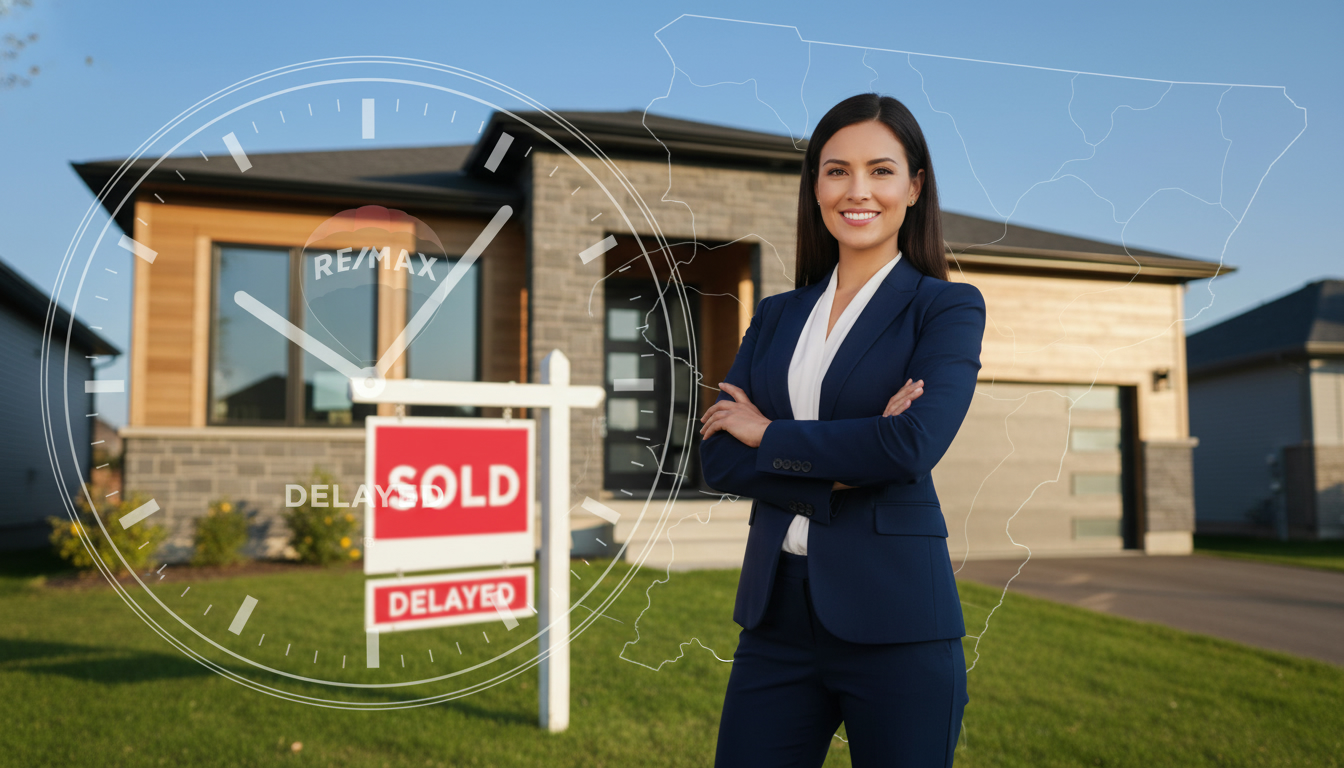 Real estate agent in front of a Georgetown home with a sold sign and clock overlay indicating delay.
