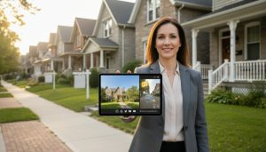 Realtor showing a tablet with property photos and 3D tour on a Georgetown street with heritage homes during golden hour