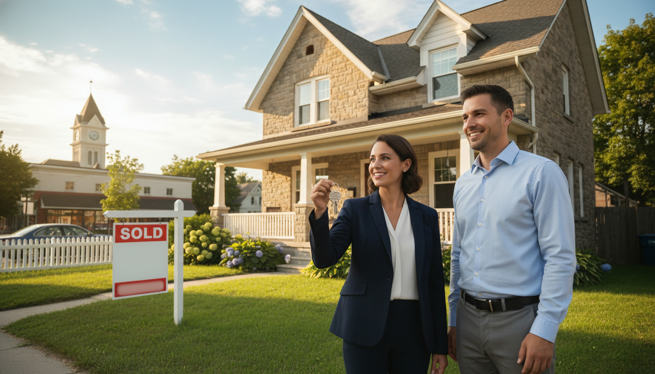Realtor handing keys to buyer in front of a sold home in Georgetown, Ontario