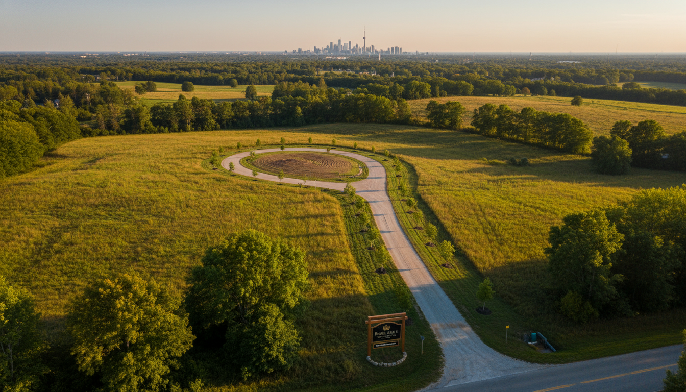 Aerial view of vacant luxury lot near Georgetown Ontario with 'For Sale' sign, driveway, and mature trees