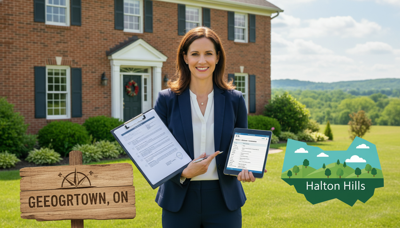 Realtor holding disclosure paperwork outside a home in Georgetown, Ontario