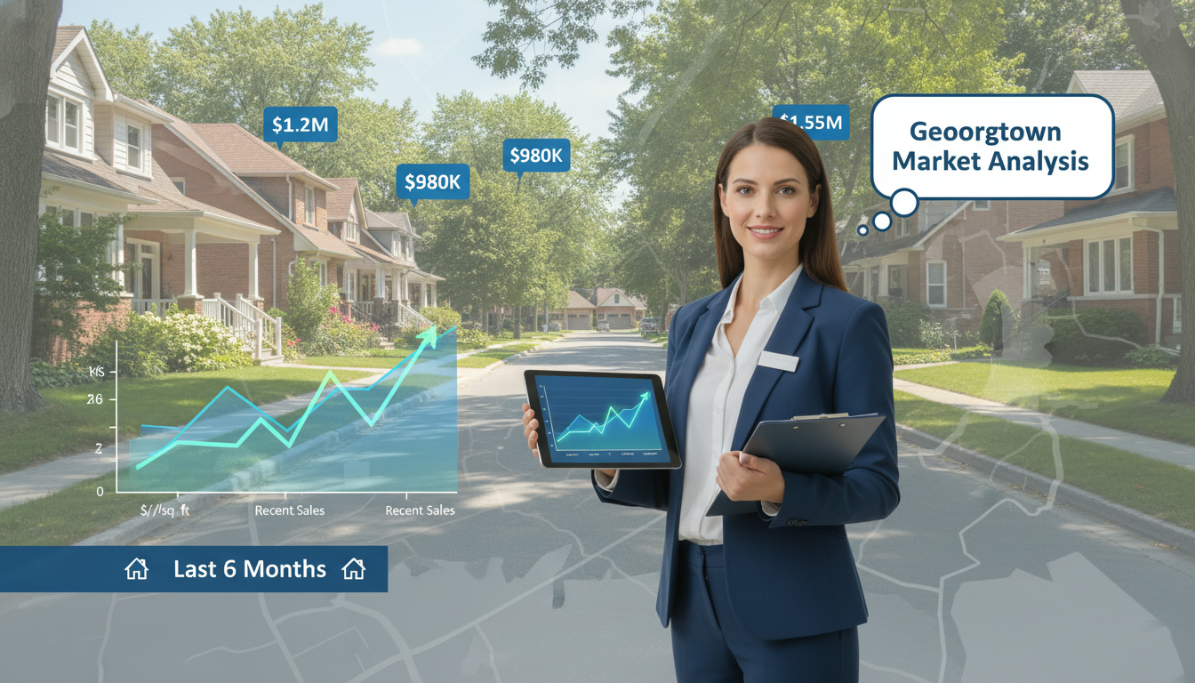 Realtor analyzing price per square foot data for Georgetown Ontario with map and house price tags overlay