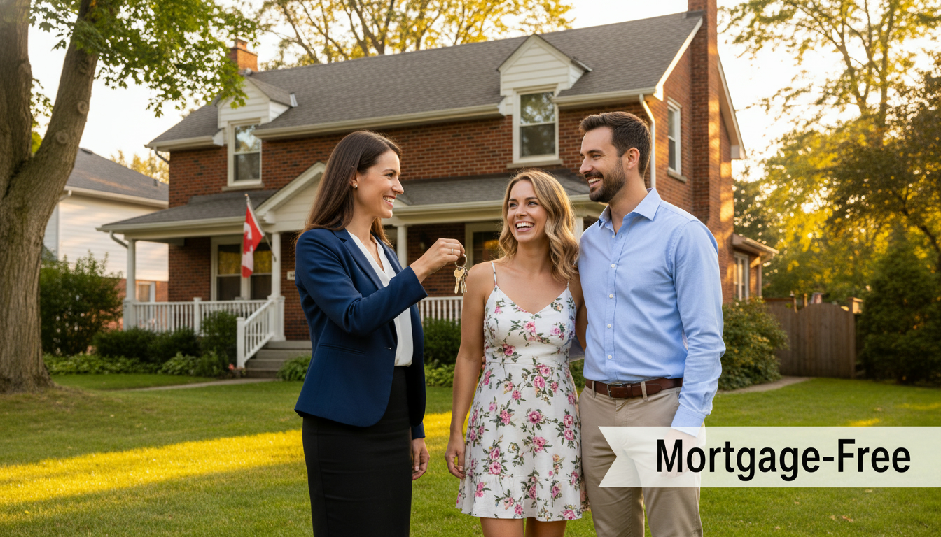 Realtor handing keys to happy buyers in front of a Georgetown, Ontario home with a mortgage-free banner.