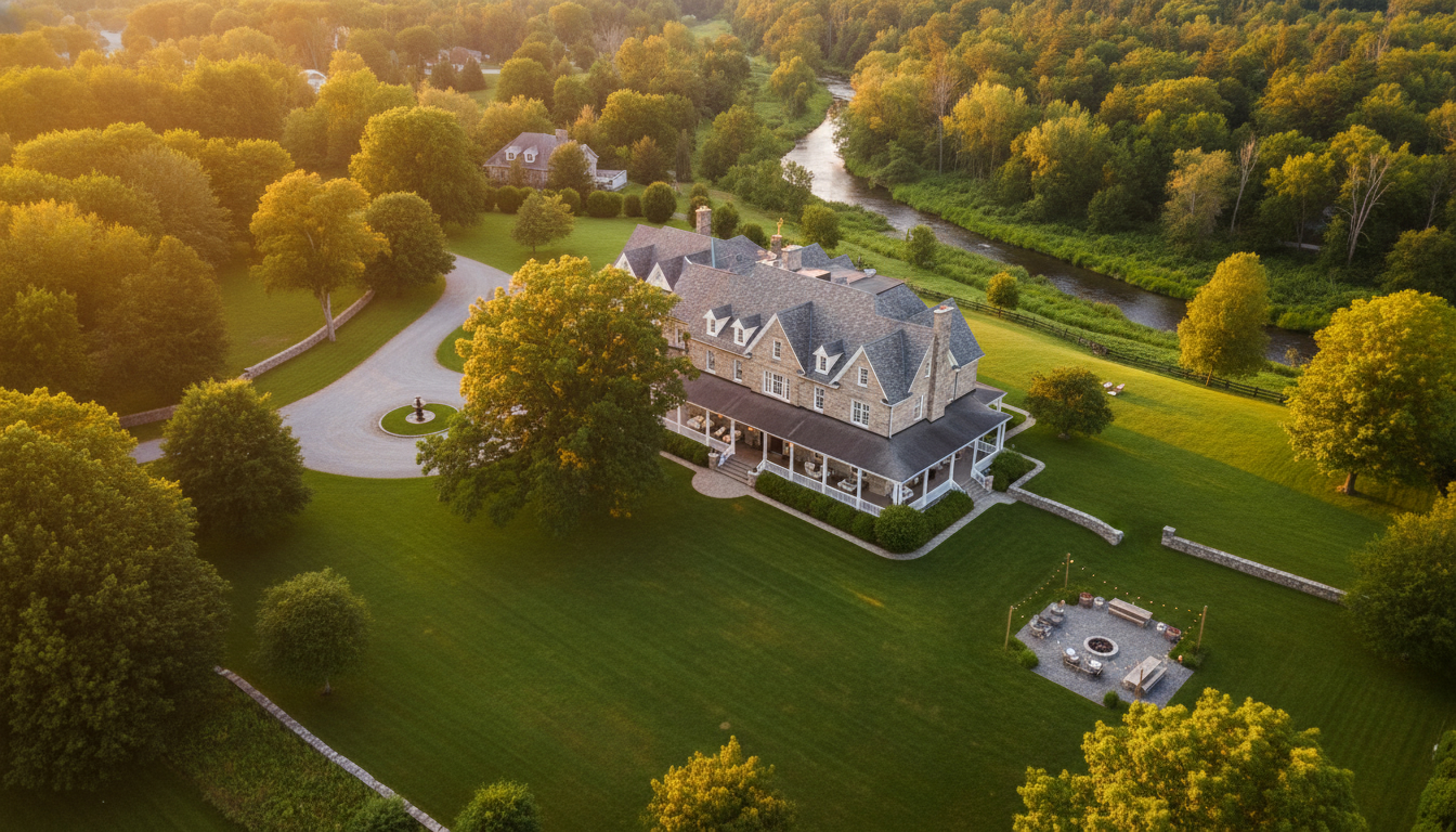 Aerial view of a Georgian-era estate home on 2.5 acres with mature trees, private driveway and outdoor living area in Georgetown, Ontario.