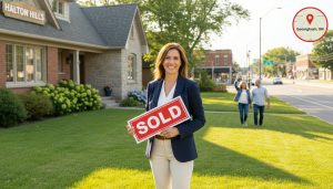 Real estate agent holding SOLD sign in front of a home in Georgetown, Ontario with local landmarks in background.