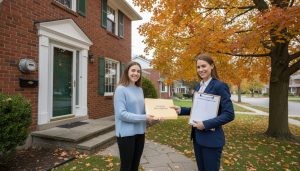 Realtor handing closing documents to homeowner in front of a Georgetown, Ontario house with a visible utility meter and checklist.