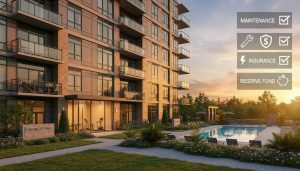 Georgetown mid-rise condominium building with landscaped grounds and amenities, overlay checklist of condo fee items.