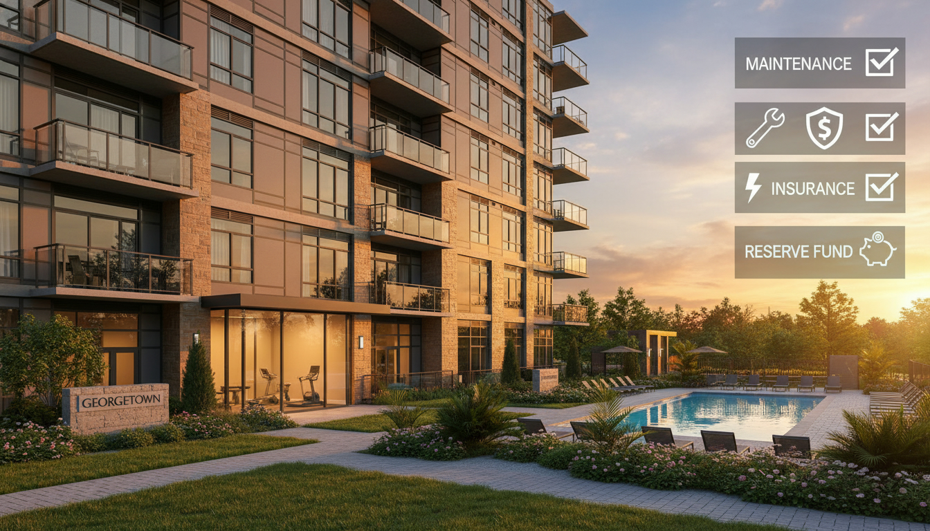 Georgetown mid-rise condominium building with landscaped grounds and amenities, overlay checklist of condo fee items.