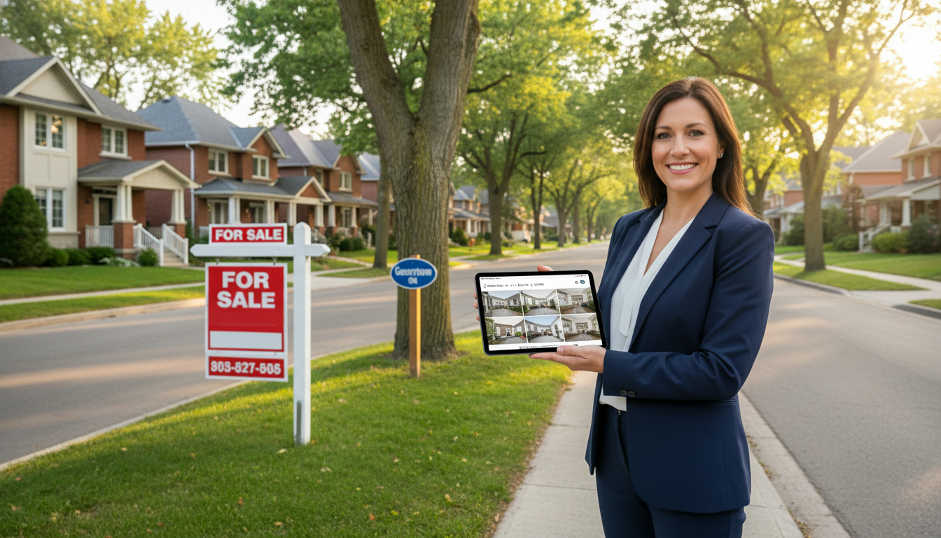Real estate agent beside a For Sale sign on a suburban Georgetown, Ontario street with classic detached homes in the background.