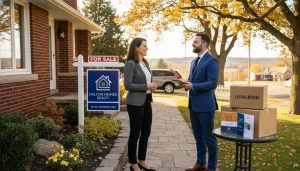 Realtor discussing sale of a Georgetown bungalow with adult child outside home with For Sale sign and moving boxes