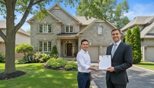 Realtor presenting an appraisal checklist to a homeowner outside a well-maintained Georgetown, Ontario house