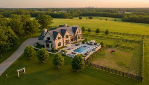 Luxury rural estate near Georgetown Ontario with stone manor, paddock, pool, and tree-lined driveway at sunset