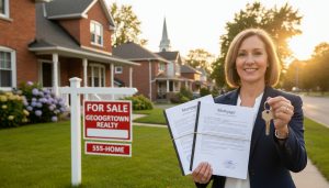 Georgetown Ontario house with For Sale sign and realtor holding mortgage documents