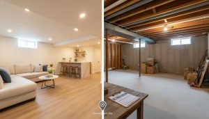 Split-screen image showing a modern finished basement and an unfinished basement in a Georgetown, Ontario home