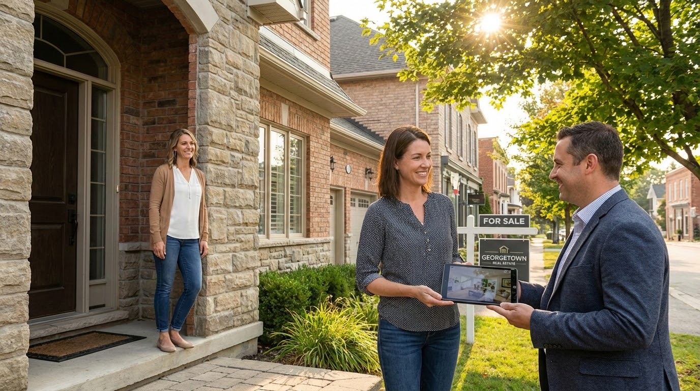 Relaxed home seller and agent at a staged Georgetown, Ontario home showing with tablet virtual tour.