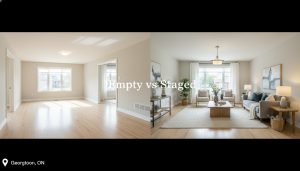 Split view of empty Georgetown house interior and the same room professionally staged with modern furniture and decor