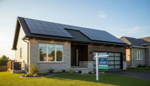 Suburban Georgetown home with solar panels, new windows and a real estate sign showing energy-efficient upgrades.