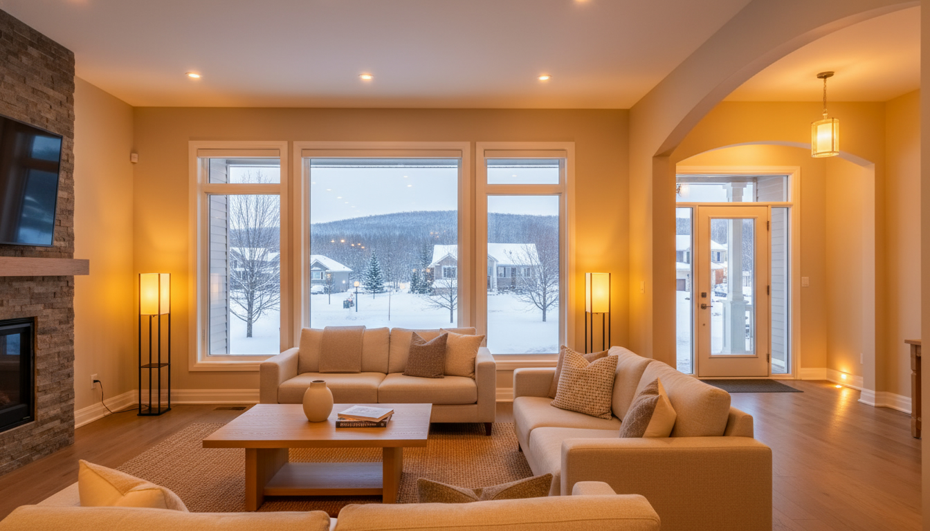 Staged Georgetown home interior with layered warm LED lighting and well-lit entryway