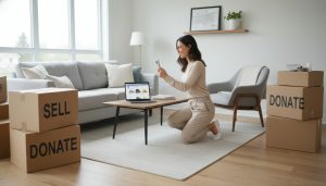 Homeowner in Georgetown packing and photographing furniture for sale with laptop open to Marketplace
