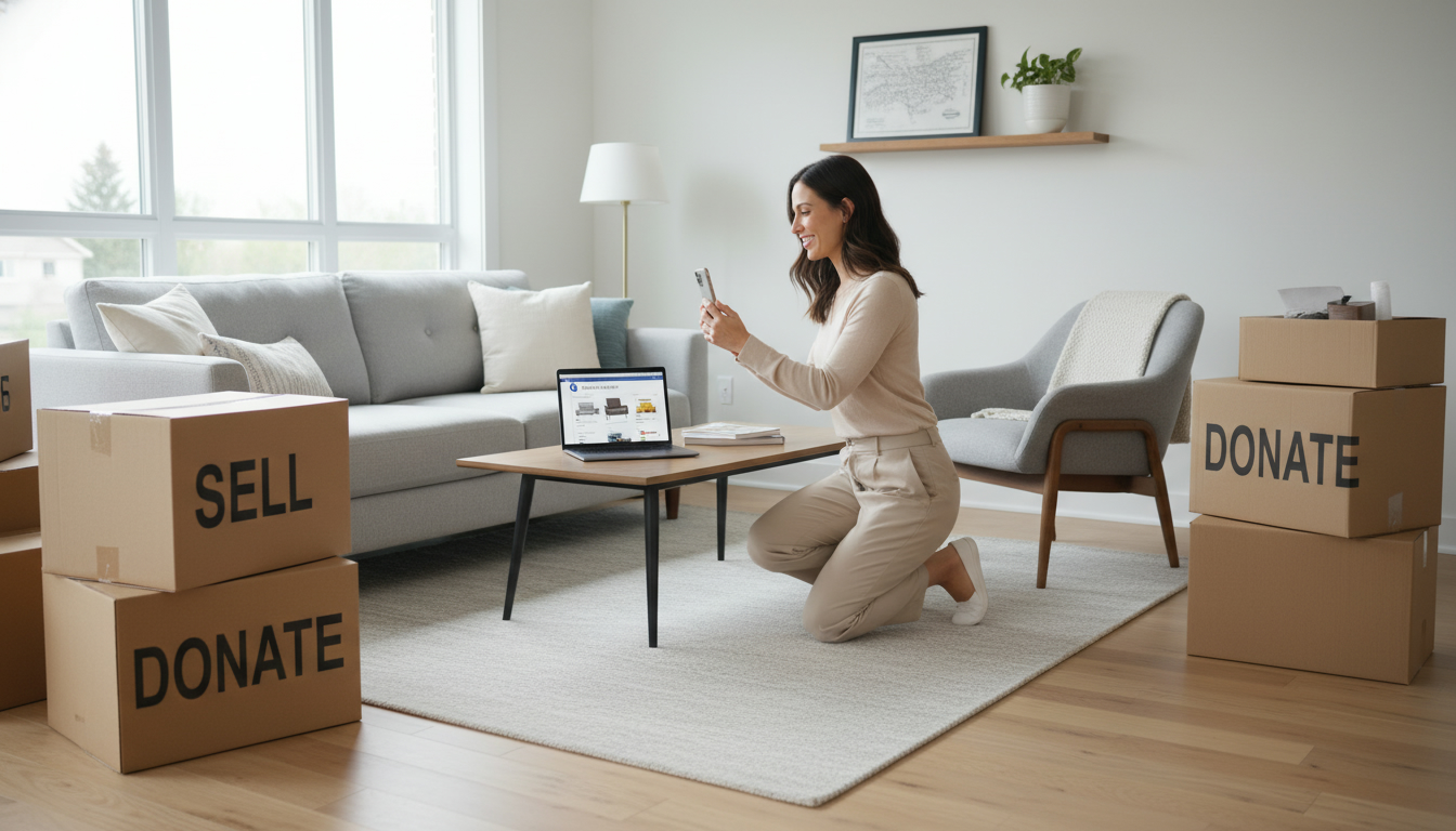 Homeowner in Georgetown packing and photographing furniture for sale with laptop open to Marketplace