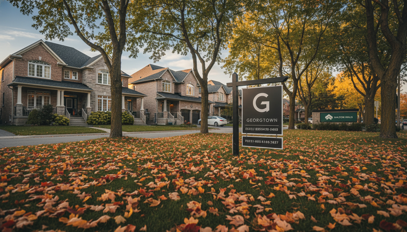 Georgetown Ontario neighbourhood street with a 'For Sale' sign at golden hour