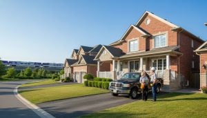 Appraiser and home inspector evaluating a suburban Georgetown, Ontario house with GO train visible in background