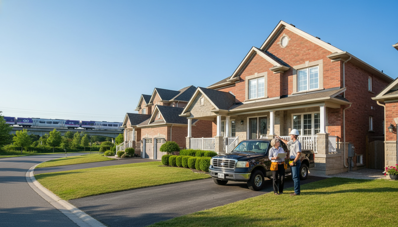 Appraiser and home inspector evaluating a suburban Georgetown, Ontario house with GO train visible in background