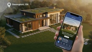 Georgetown Ontario home with digital advertising overlays showing targeted social and search ads