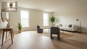Staged Georgetown living room with new engineered hardwood flooring, before/after insert showing worn carpet replaced.