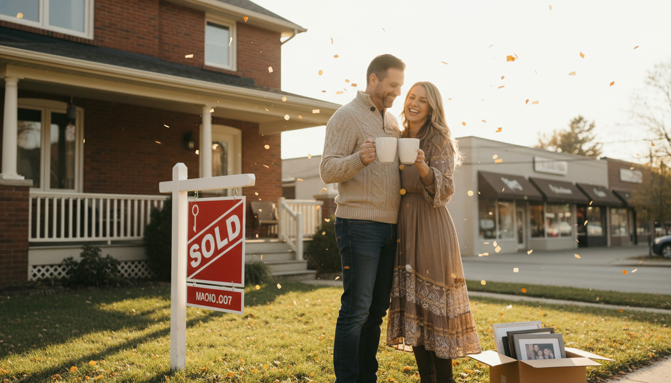 Couple celebrating outside a sold house on Main Street in Georgetown, Ontario with a visible SOLD sign and confetti.