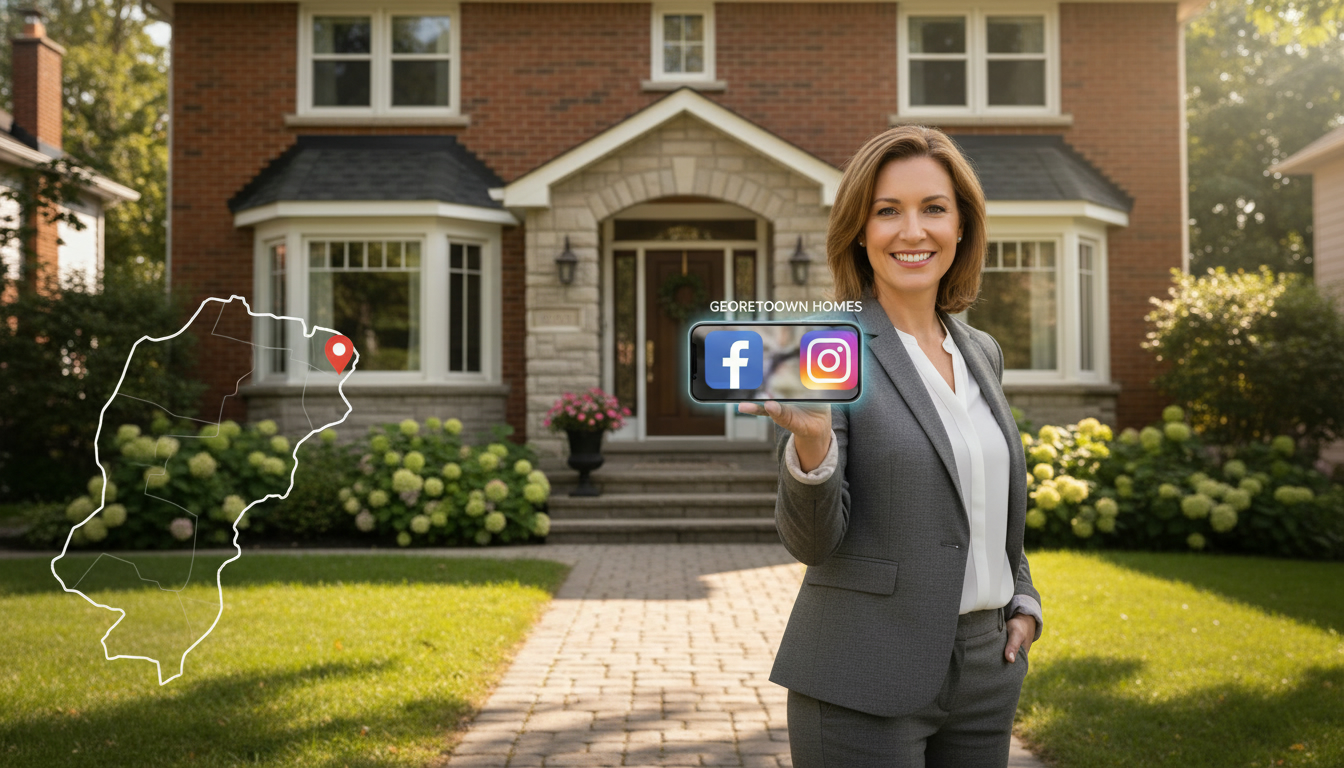 Realtor in front of a Georgetown home holding a phone showing Facebook and Instagram icons to represent advertising on both platforms.