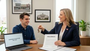 Real estate lawyer holding a 'Holdback' document and handing keys to a homeowner in a modern office with Georgetown Ontario in the background.