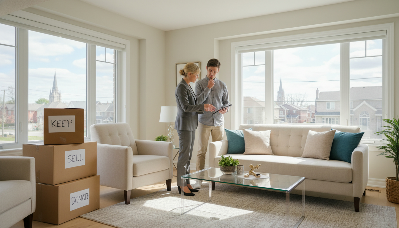 Staged Georgetown living room with labeled moving boxes and realtor advising adult child