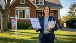 Realtor with appraisal report and inspection clipboard outside a detached Georgetown, Ontario home with a Sold sign.