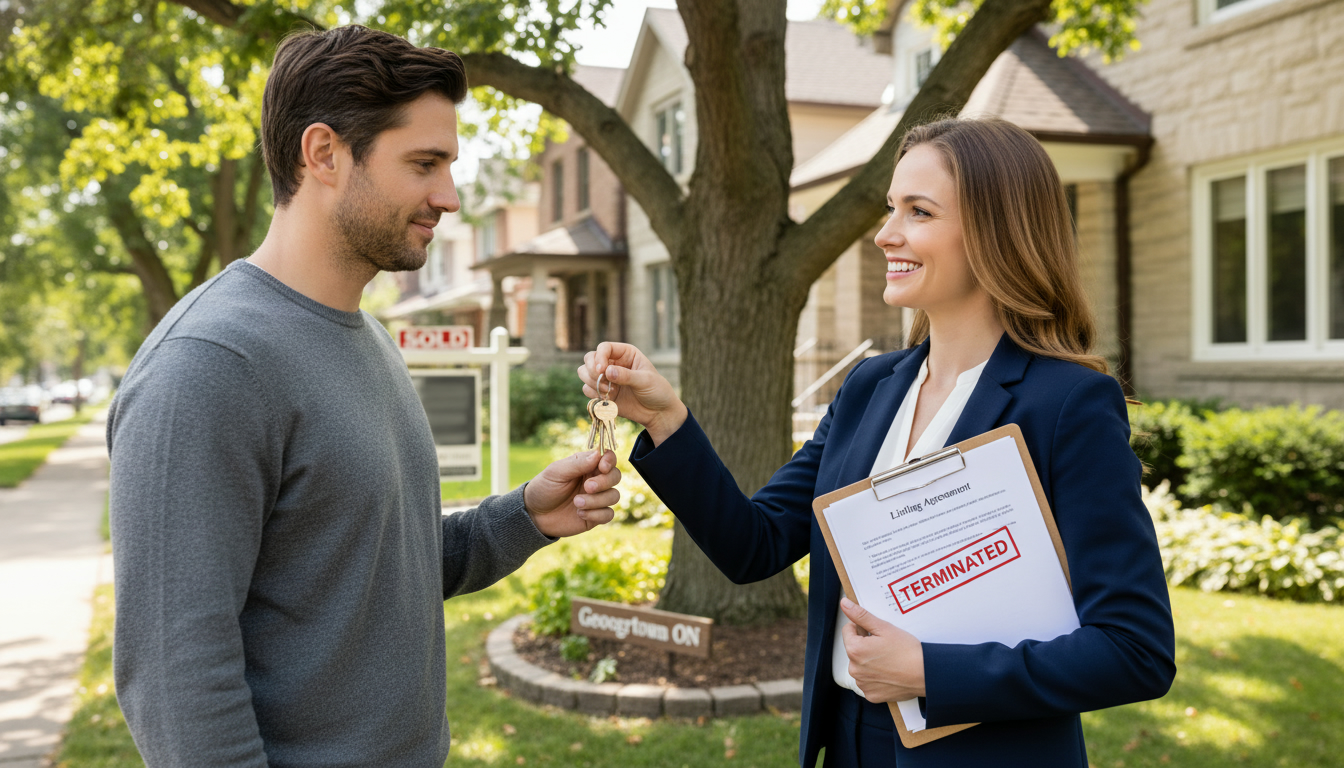 Homeowner terminating listing agreement outside a Georgetown, Ontario house with 'Terminated' stamped on the contract.