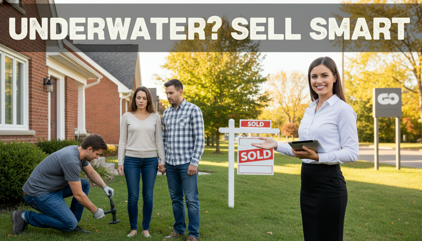 Real estate agent advising a couple in front of a Georgetown, Ontario house with a 'Sold' sign and 'UNDERWATER?' overlay
