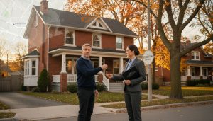 Realtor and homeowner outside a Georgetown, Ontario house discussing sale at a loss