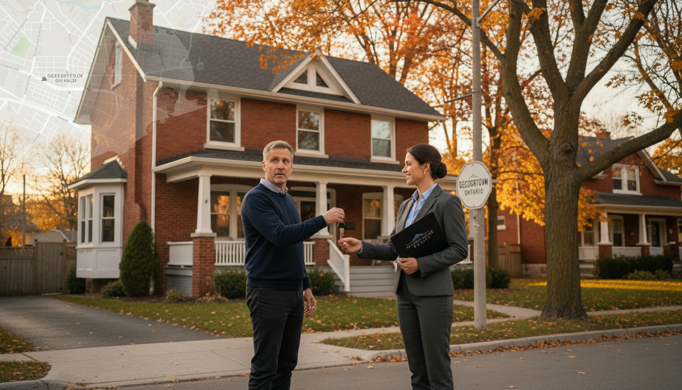 Realtor and homeowner outside a Georgetown, Ontario house discussing sale at a loss