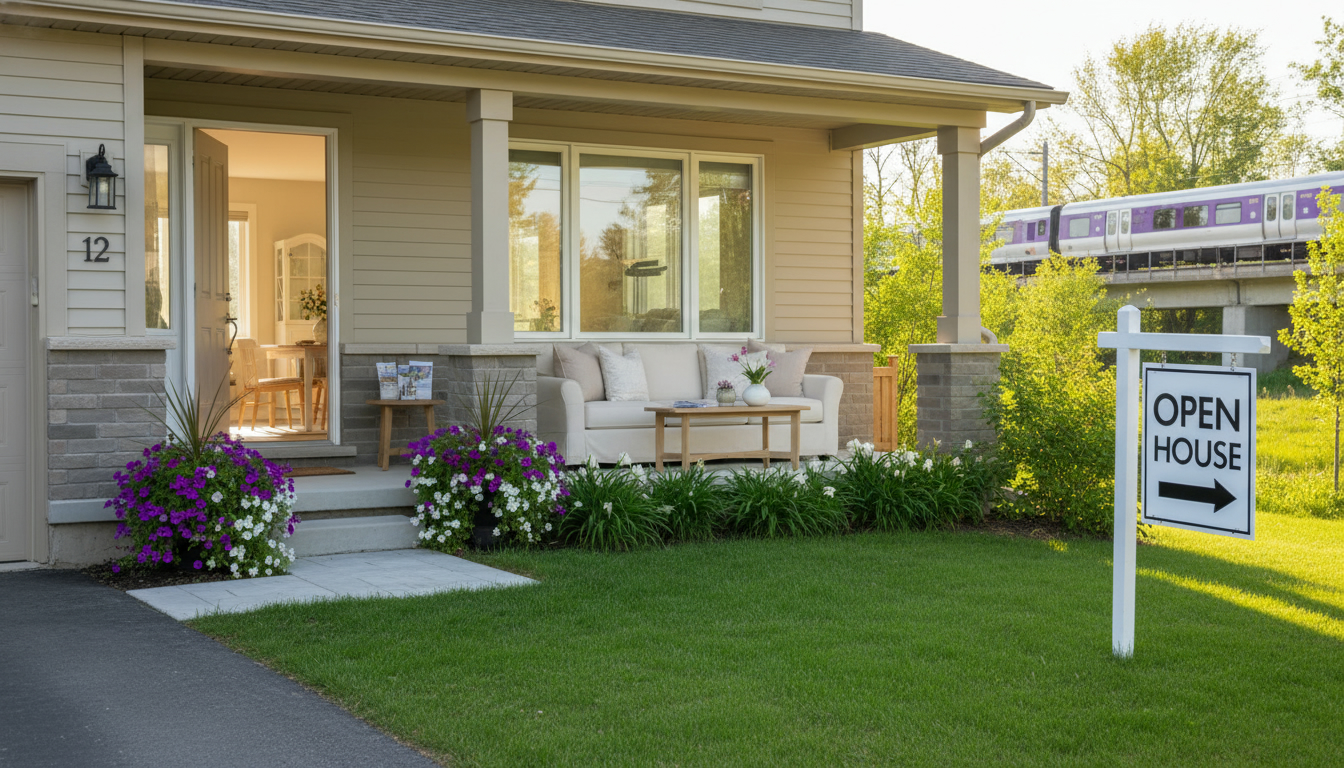 Open house-ready suburban home in Georgetown, Ontario with an 'Open House' sign, staged interior visible and fresh curb appeal.