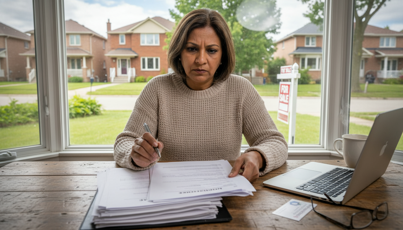 Homeowner reviewing mortgage payoff documents with 'For Sale' sign outside in a Georgetown, Ontario neighborhood