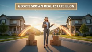 Realtor between two Georgetown houses connected by a glowing bridge graphic representing a bridge loan