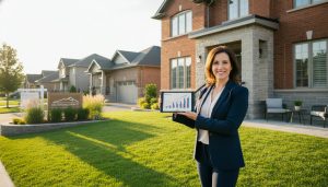 Real estate agent on front lawn of a Georgetown, Ontario home holding tablet with market charts